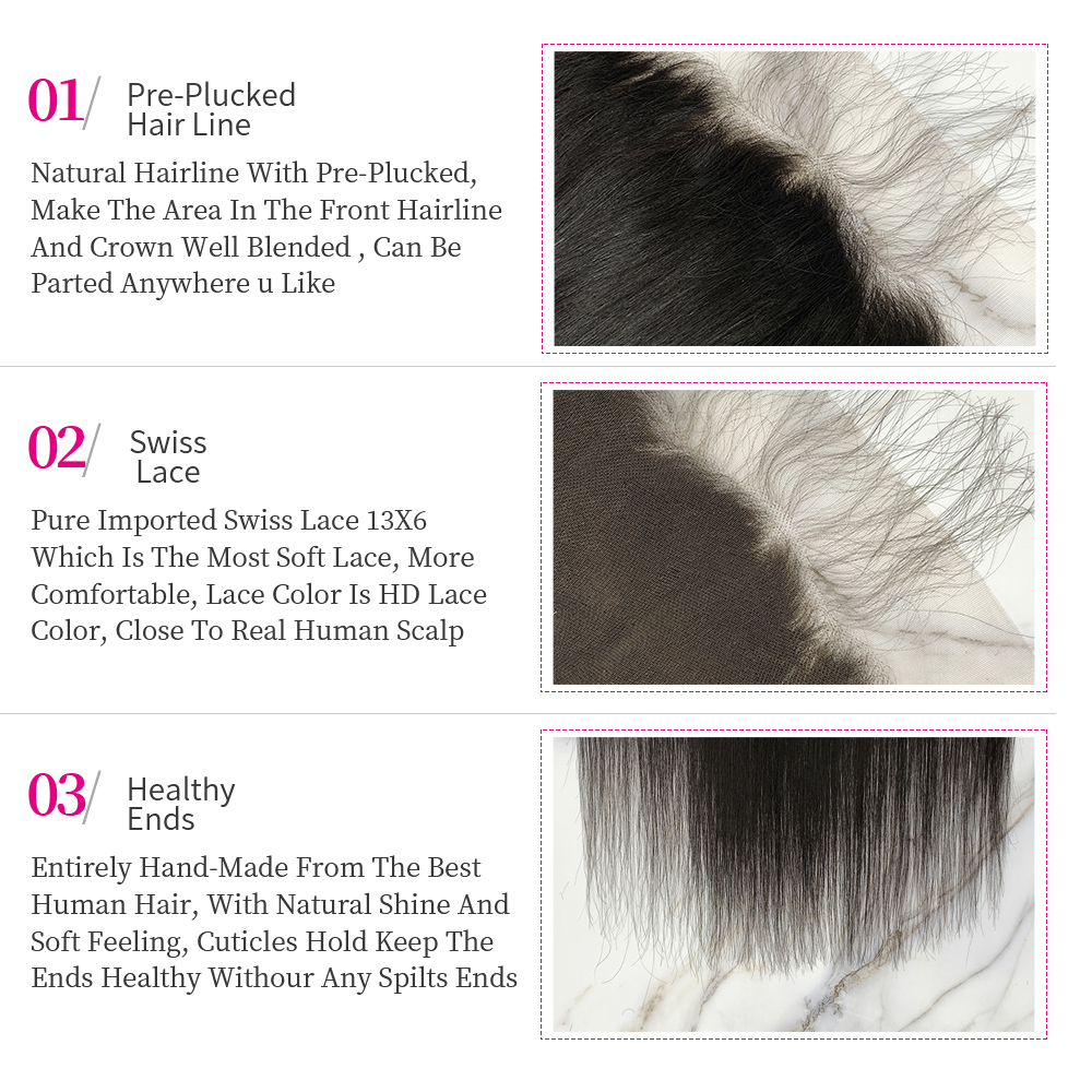 10″ – 20″ #1 Color Straight Human Hair 13*6 Lace Frontal with Pre Plucked Natural Hairline