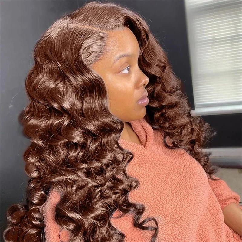10″ – 40″ Chocolate Brown Loose Wave Human Hair Lace Front Wig