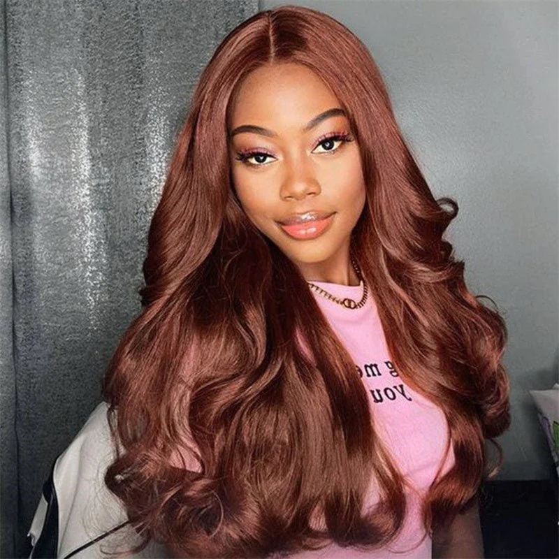 10″ – 40″ Reddish Brown Color Body Wave Human Hair Lace Front Wig