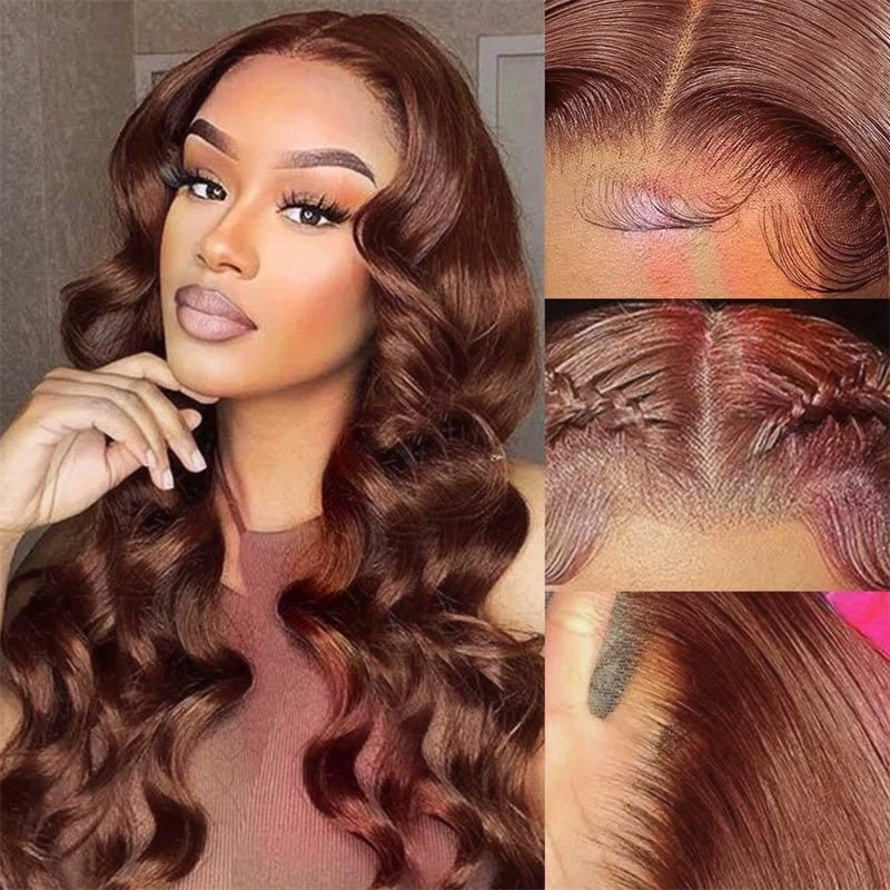10″ – 40″ Reddish Brown Color Body Wave Human Hair Lace Front Wig