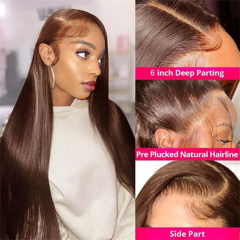 10″ – 40″ Chocolate Brown Color Straight Human Hair Lace Front Wig