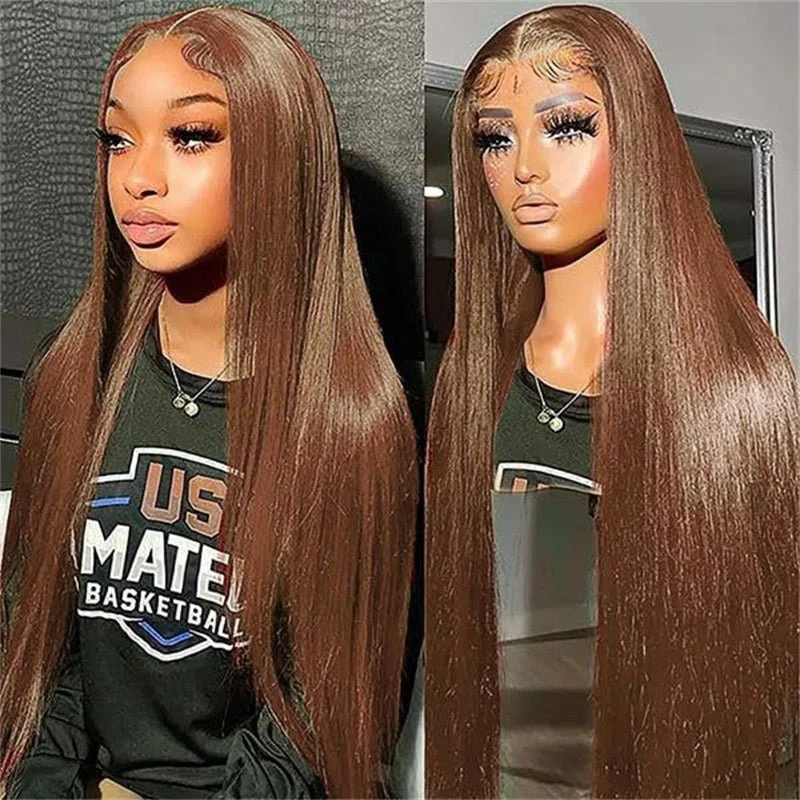 10″ – 40″ Chocolate Brown Color Straight Human Hair Lace Front Wig
