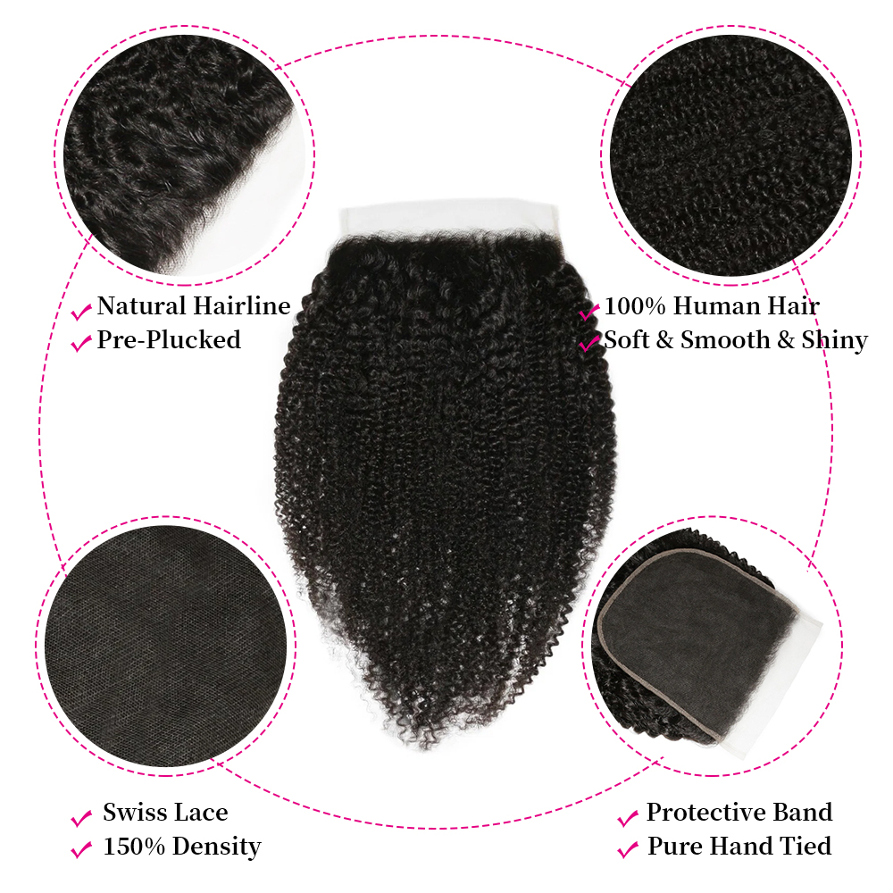 10″ – 20″ Natural Black Color Afro Kinky Curly Human Hair 7*7 Lace Closure