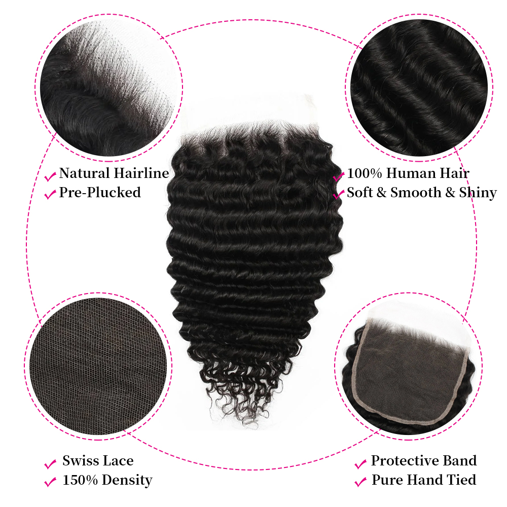 10″ – 20″ Natural Black Color Deep Wave Human Hair 6*6 Lace Closure