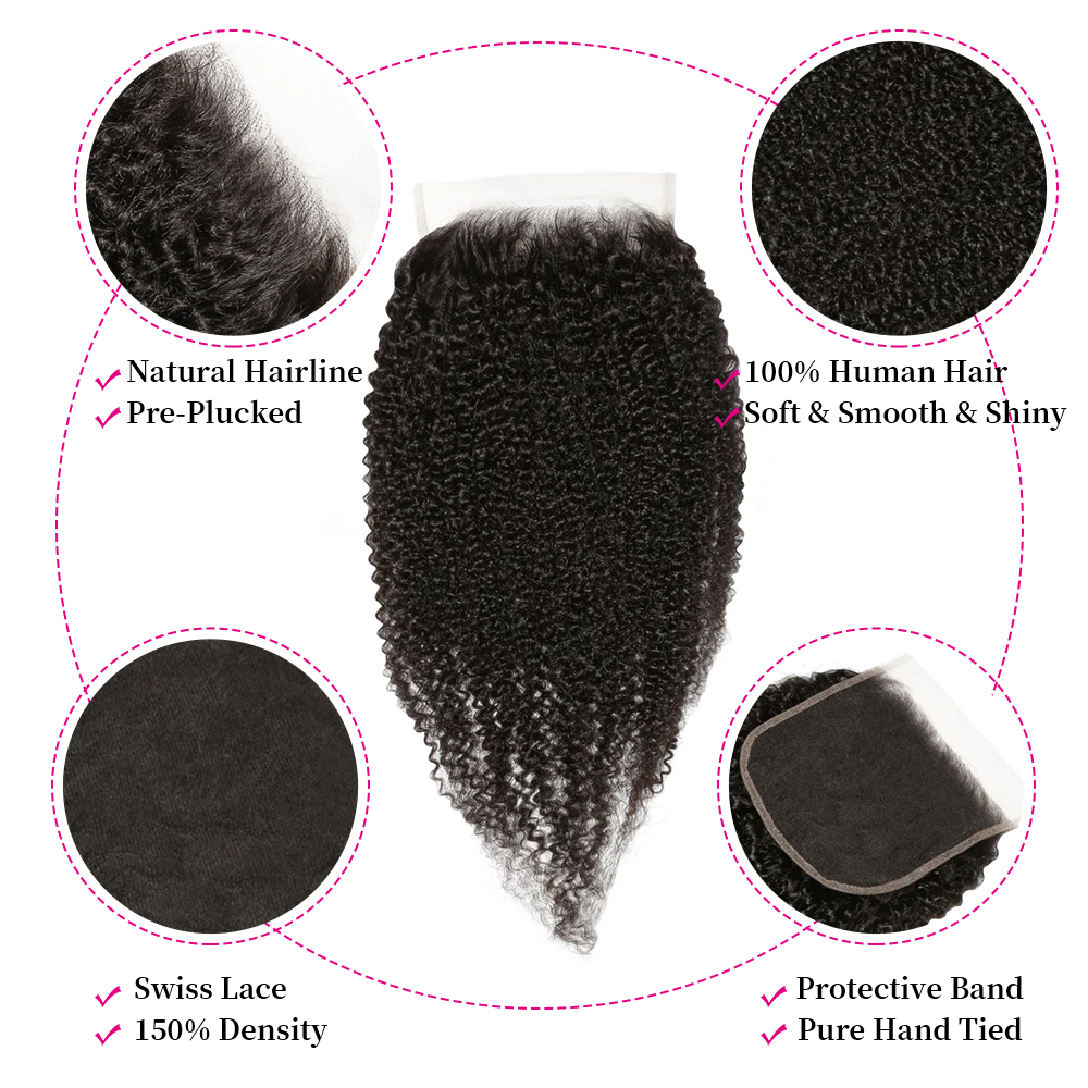 10″ – 20″ Natural Black Color Afro Kinky Curly Human Hair 6*6 Lace Closure