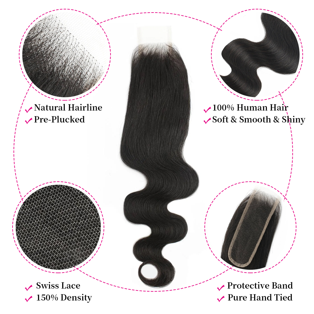 10″ – 20″ Natural Black Color Body Wave Human Hair 2*6 Lace Closure