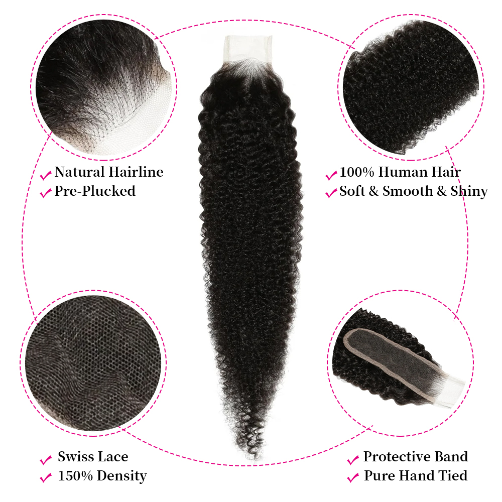 10″ – 20″ Natural Black Color Afro Kinky Curly Human Hair 2*6 Lace Closure