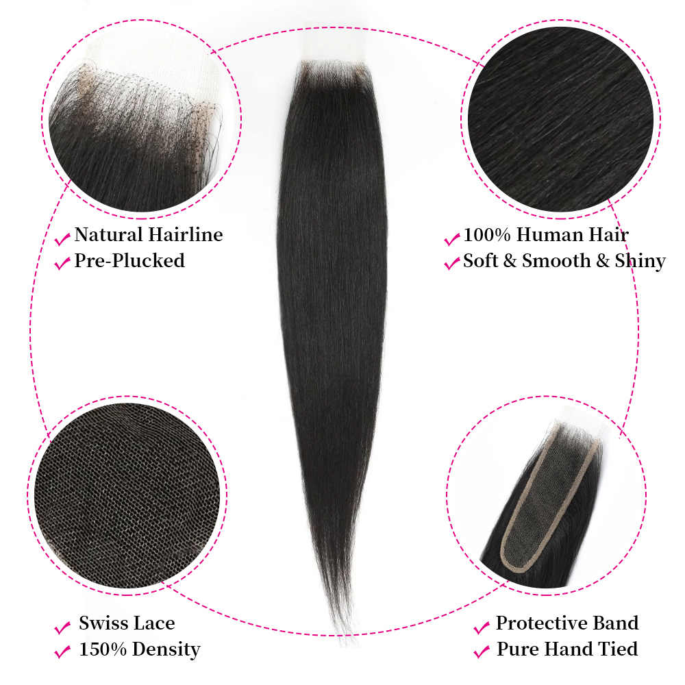 10″ – 20″ Natural Black Color Yaki Straight Human Hair 2*6 Lace Closure