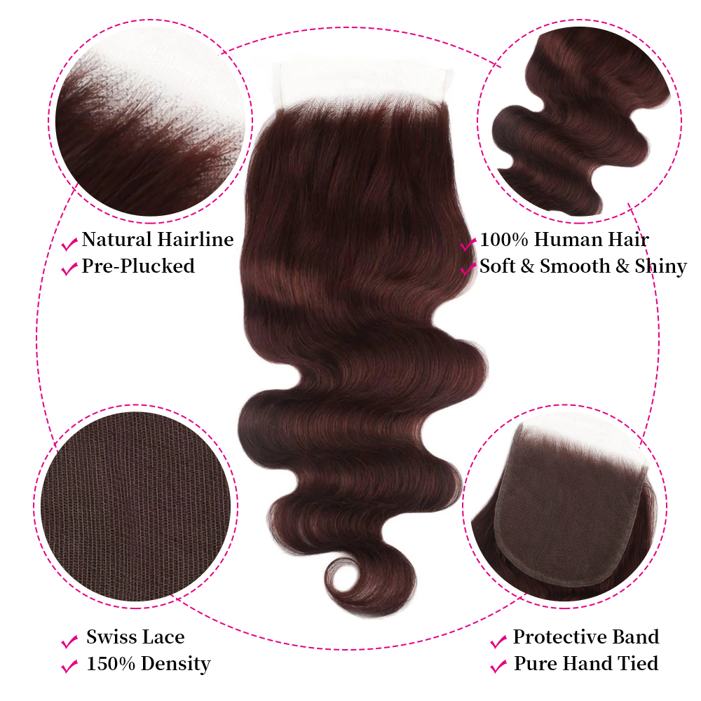 10″ – 20″ Burgundy Color Body Wave Human Hair 5*5 Lace Closure