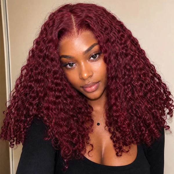 10″ – 40″ #99J & Burgundy Color Burmese Curly Human Hair Lace Front Wig