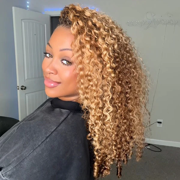 10″ – 40″ Highlights Color Burmese Curly Human Hair Lace Front Wig