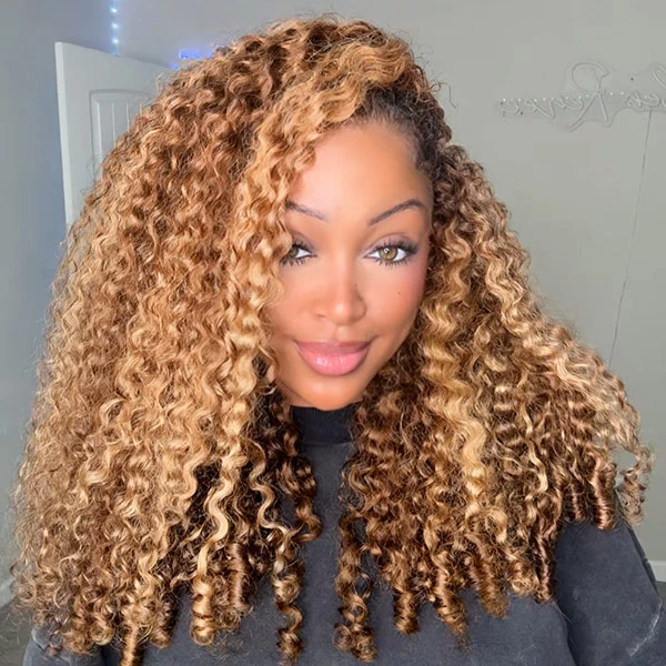 10″ – 40″ Highlights Color Burmese Curly Human Hair Lace Front Wig
