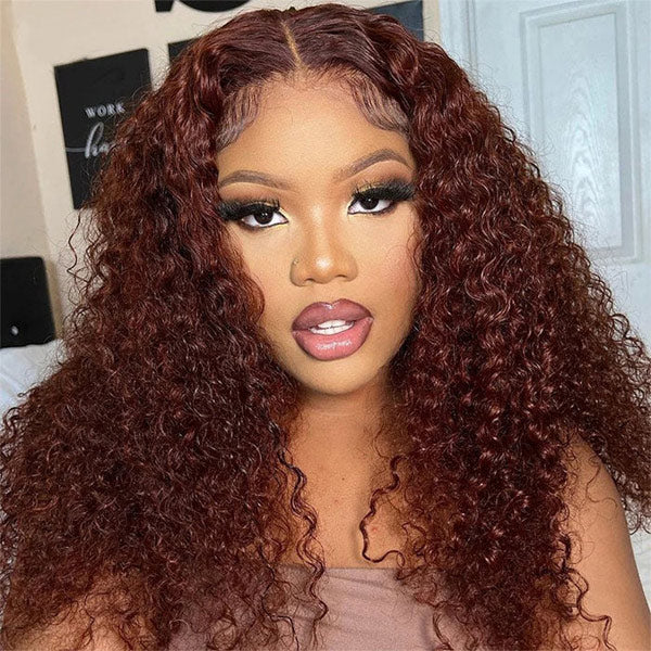 10″ – 40″ Reddish Brown Color Water Wave Human Hair Lace Front Wig