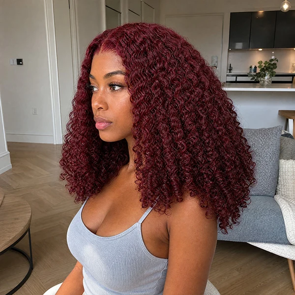 10″ – 40″ #99J & Burgundy Color Burmese Curly Human Hair Lace Front Wig
