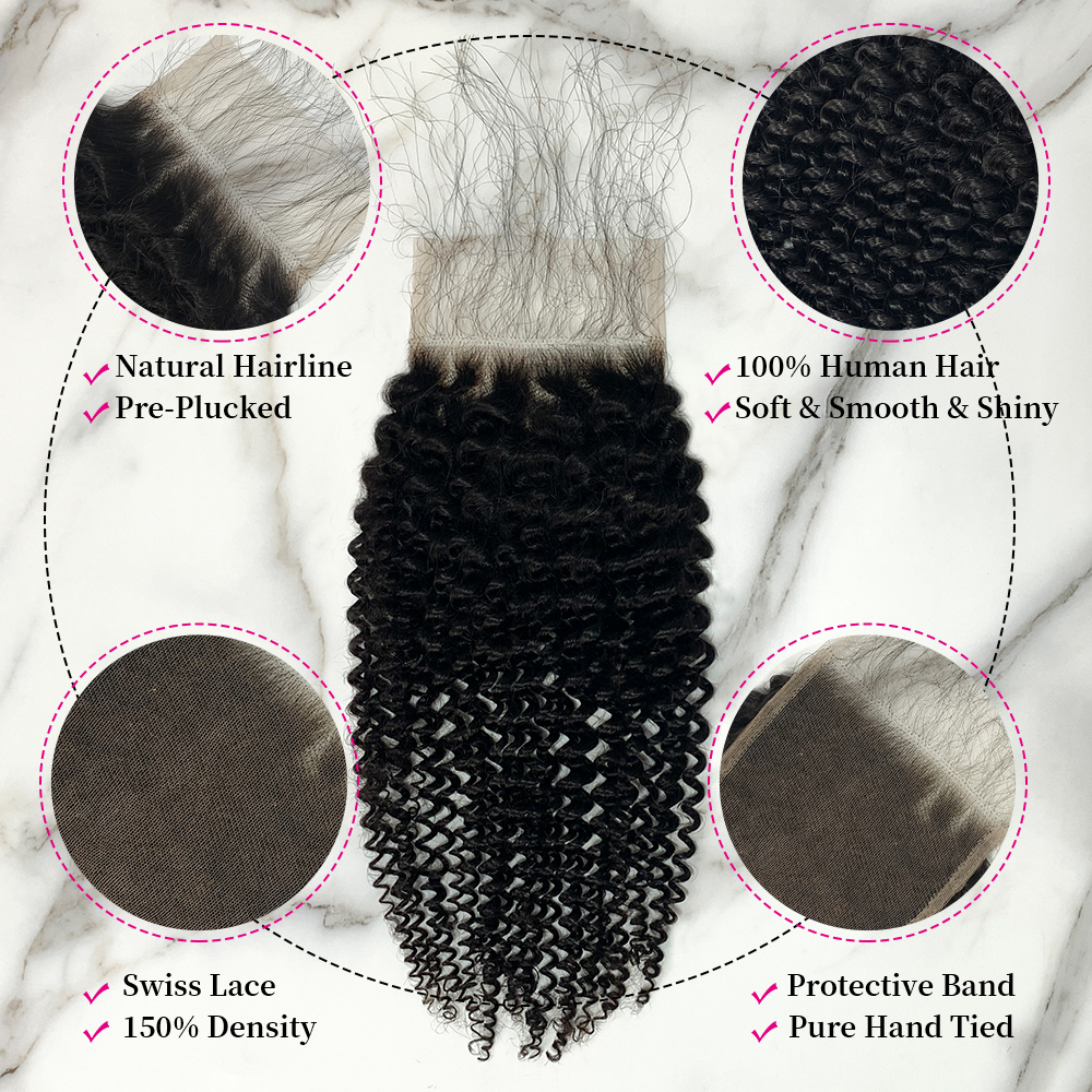 10″ – 20″ Natural Black Color Kinky Curly Human Hair 4*4 Lace Closure