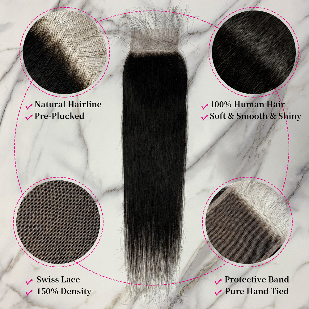 10″ – 20″ Natural Black Color Straight Human Hair 4*4 Lace Closure