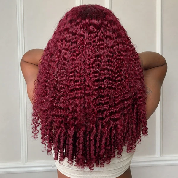 10″ – 40″ #99J & Burgundy Color Burmese Curly Human Hair Lace Front Wig