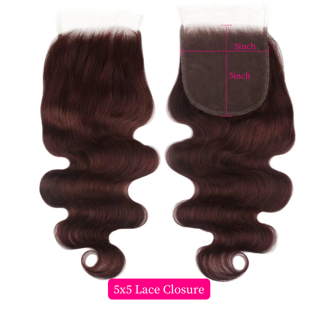 10″ – 20″ Burgundy Color Body Wave Human Hair 5*5 Lace Closure