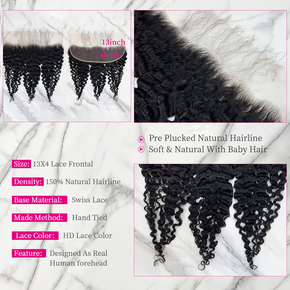 10″ – 20″ Natural Black Color Burmese Curly Human Hair 13*4 Lace Frontal with Pre Plucked Natural Hairline