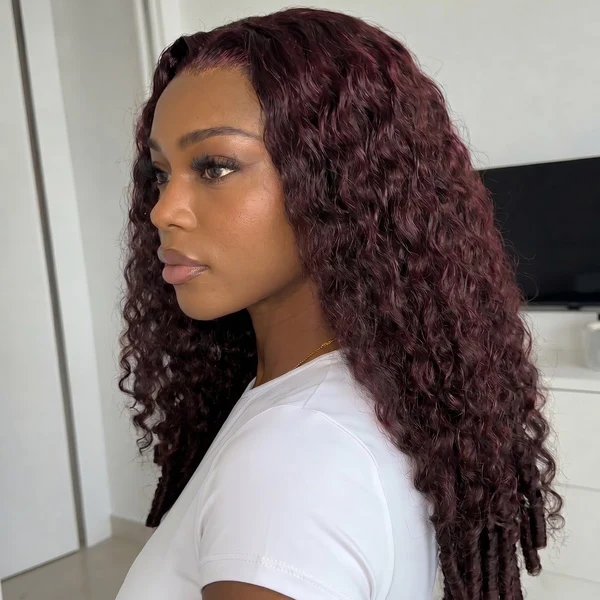 10″ – 40″ Dark Plum Color Burmese Curly Human Hair Lace Front Wig