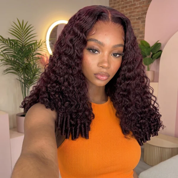 10″ – 40″ Dark Plum Color Burmese Curly Human Hair Lace Front Wig