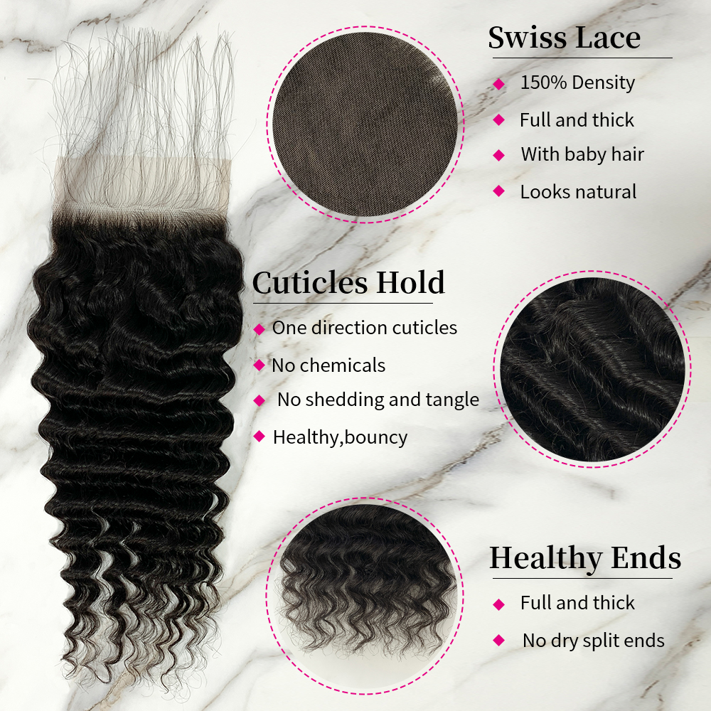 10″ – 20″ Natural Black Color Deep Wave Human Hair 5*5 Lace Closure