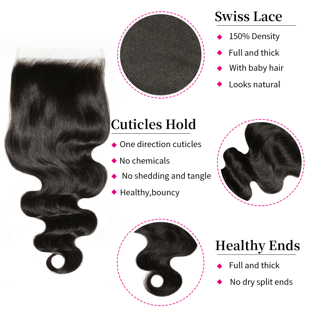 10″ – 20″ Natural Black Color Body Wave Human Hair 6*6 Lace Closure