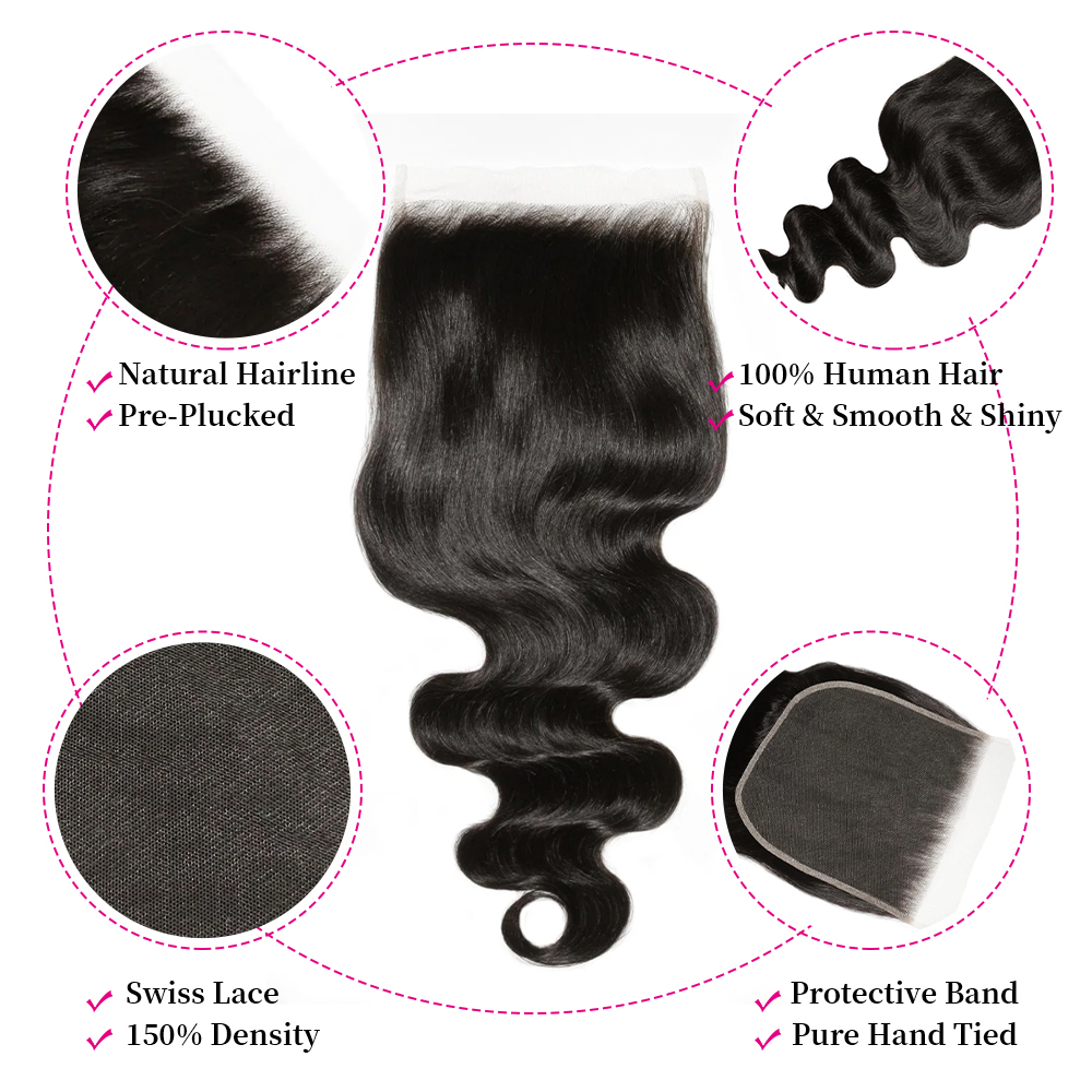 10″ – 20″ Natural Black Color Body Wave Human Hair 6*6 Lace Closure