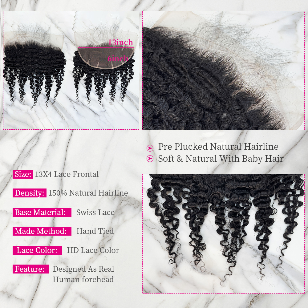 10″ – 20″ Natural Black Color Burmese Curly Human Hair 13*6 Lace Frontal with Pre Plucked Natural Hairline