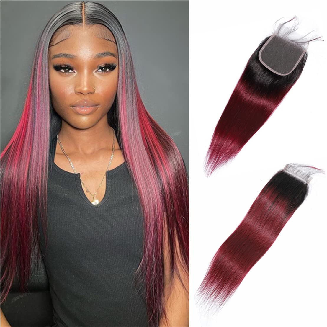 10″ – 20″ #1B/99J Color Straight Human Hair 4*4 Lace Closure