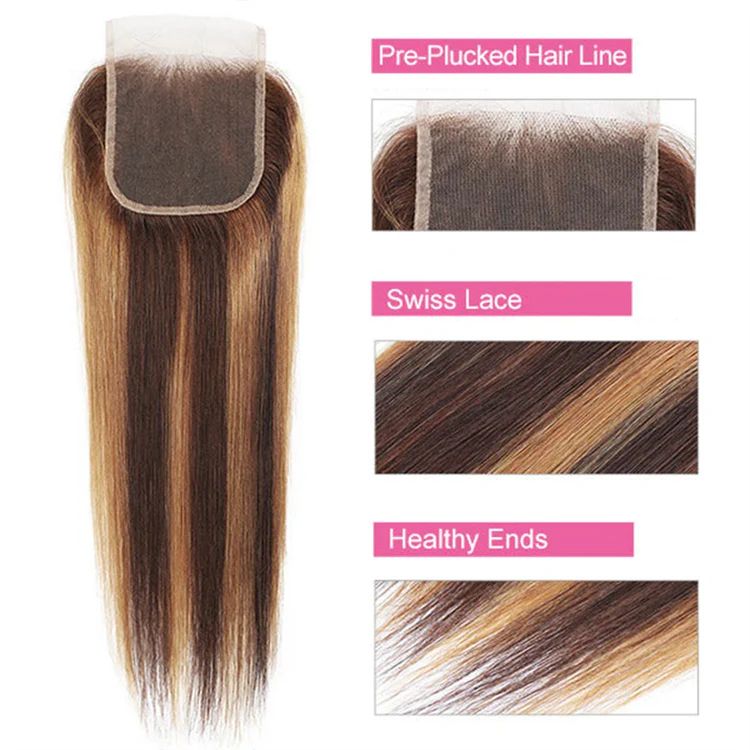 10″ – 20″ Highlight Color Straight Human Hair 4*4 Lace Closure
