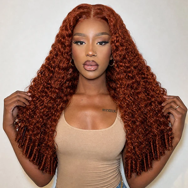 10″ – 40″ Burnt Orange Color Burmese Curly Human Hair Lace Front Wig