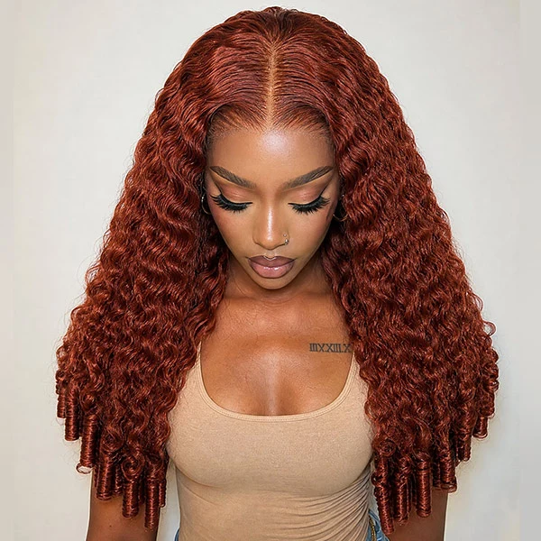 10″ – 40″ Burnt Orange Color Burmese Curly Human Hair Lace Front Wig