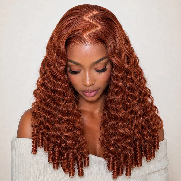 10″ – 40″ Burnt Orange Color Burmese Curly Human Hair Lace Front Wig