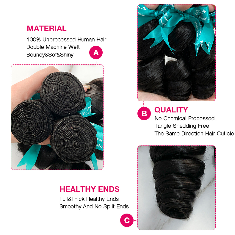 Natural Black Color Loose Wave 3 Bundles with 5*5 Lace Closure