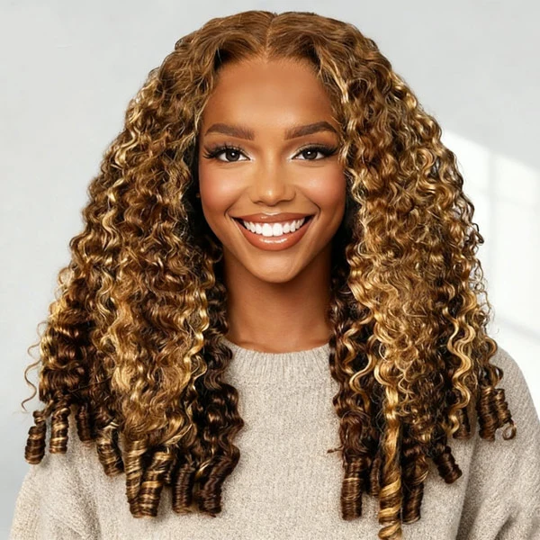 10″ – 40″ Highlights Color Burmese Curly Human Hair Lace Front Wig