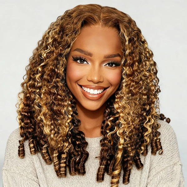 10″ – 40″ Highlights Color Burmese Curly Human Hair Lace Front Wig