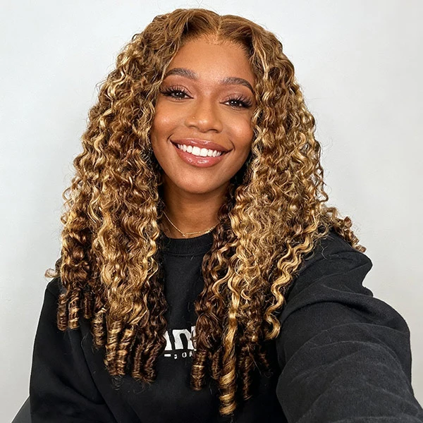10″ – 40″ Highlights Color Burmese Curly Human Hair Lace Front Wig