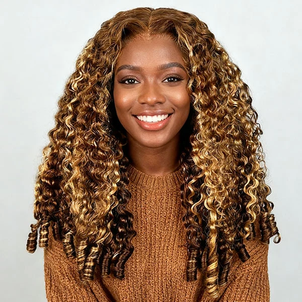 10″ – 40″ Highlights Color Burmese Curly Human Hair Lace Front Wig