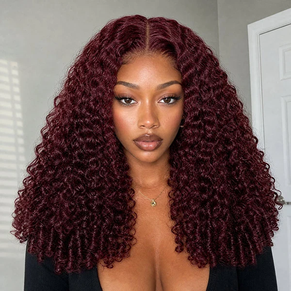 10″ – 40″ #99J & Burgundy Color Burmese Curly Human Hair Lace Front Wig