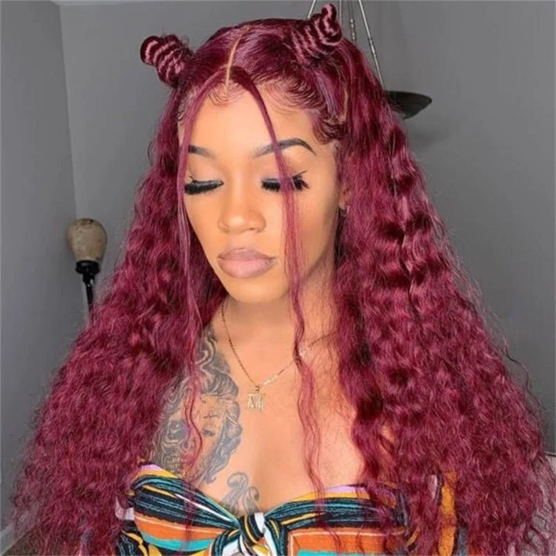 10″ – 40″ #99J & Burgundy Color Water Wave Human Hair Lace Front Wig
