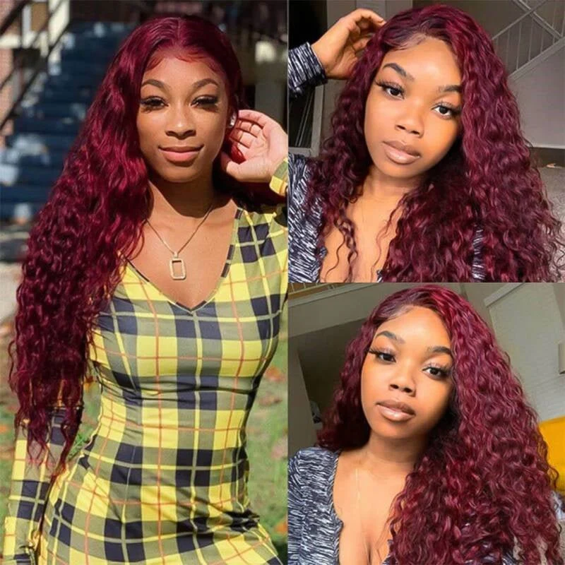 10″ – 40″ #99J & Burgundy Color Water Wave Human Hair Lace Front Wig