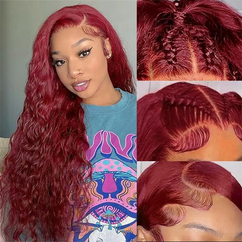 10″ – 40″ #99J & Burgundy Color Water Wave Human Hair Lace Front Wig