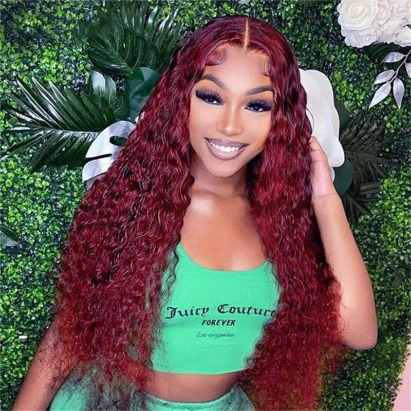 10″ – 40″ #99J & Burgundy Color Water Wave Human Hair Lace Front Wig