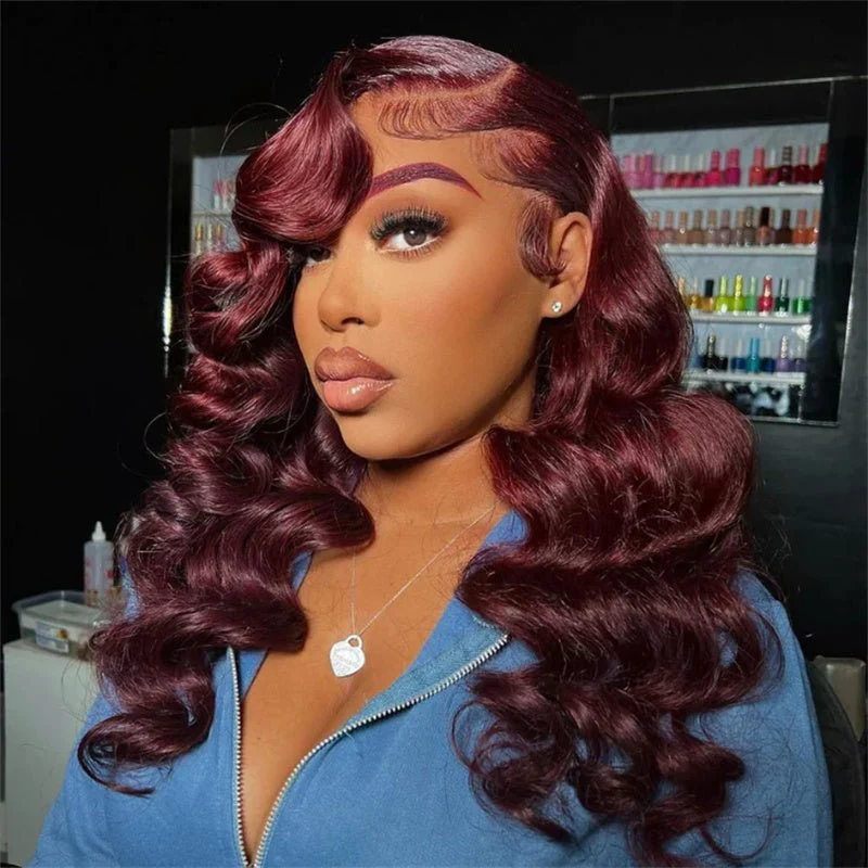 10″ – 40″ #99J & Burgundy Color Loose Wave Human Hair Lace Front Wig