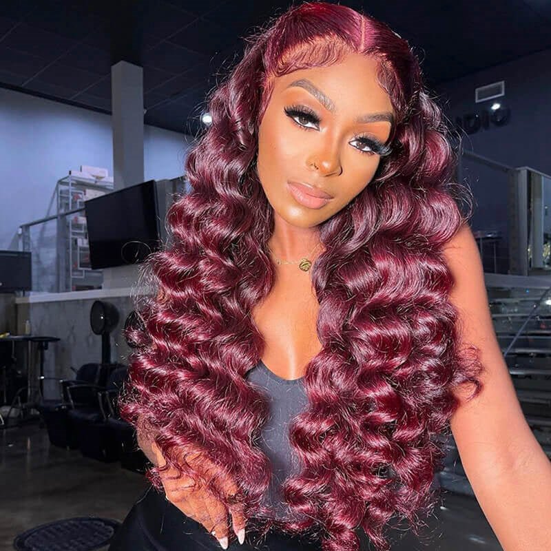 10″ – 40″ #99J & Burgundy Color Loose Wave Human Hair Lace Front Wig