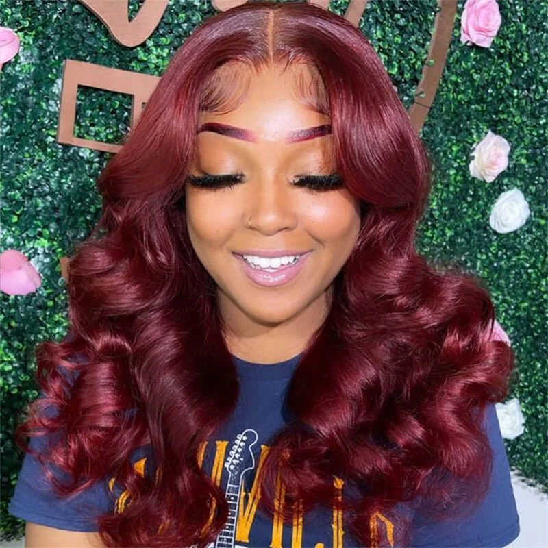 10″ – 40″ #99J & Burgundy Color Loose Wave Human Hair Lace Front Wig