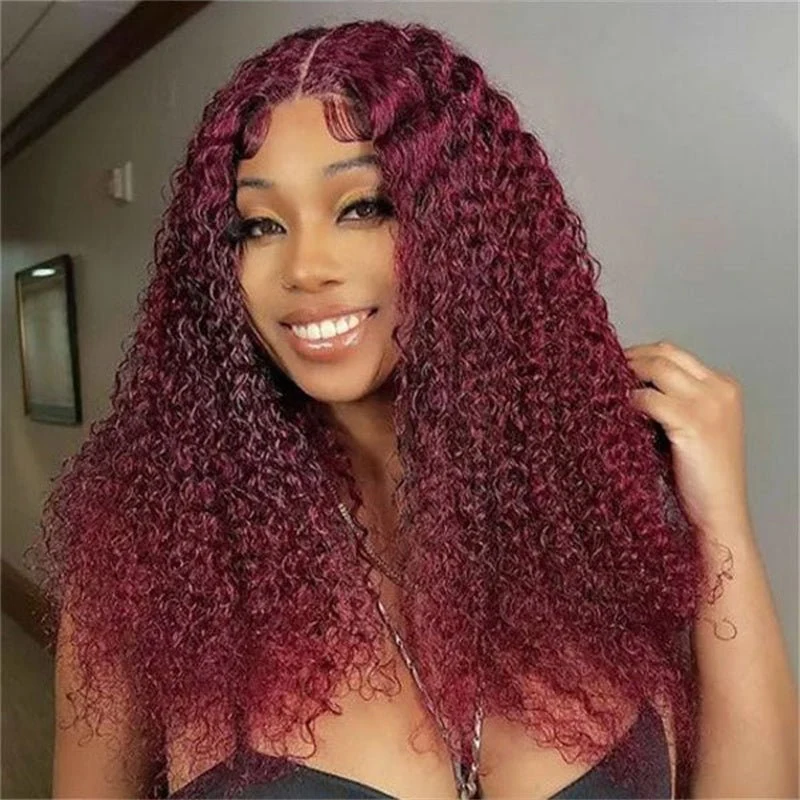 10″ – 40″ #99J & Burgundy Color Kinky Curly Human Hair Lace Front Wig