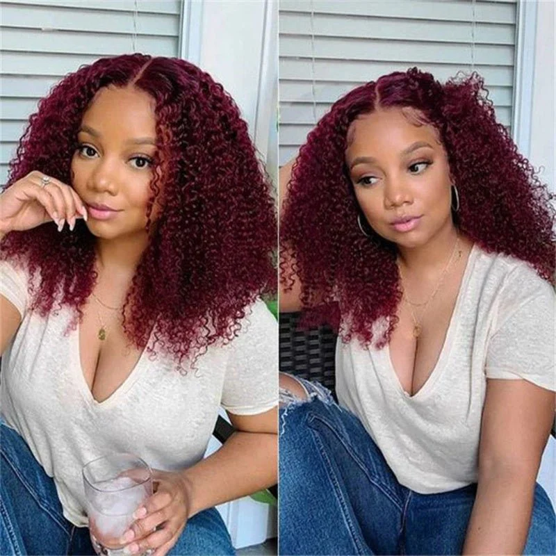 10″ – 40″ #99J & Burgundy Color Kinky Curly Human Hair Lace Front Wig
