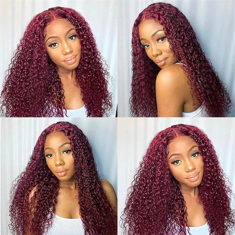 10″ – 40″ #99J & Burgundy Color Kinky Curly Human Hair Lace Front Wig